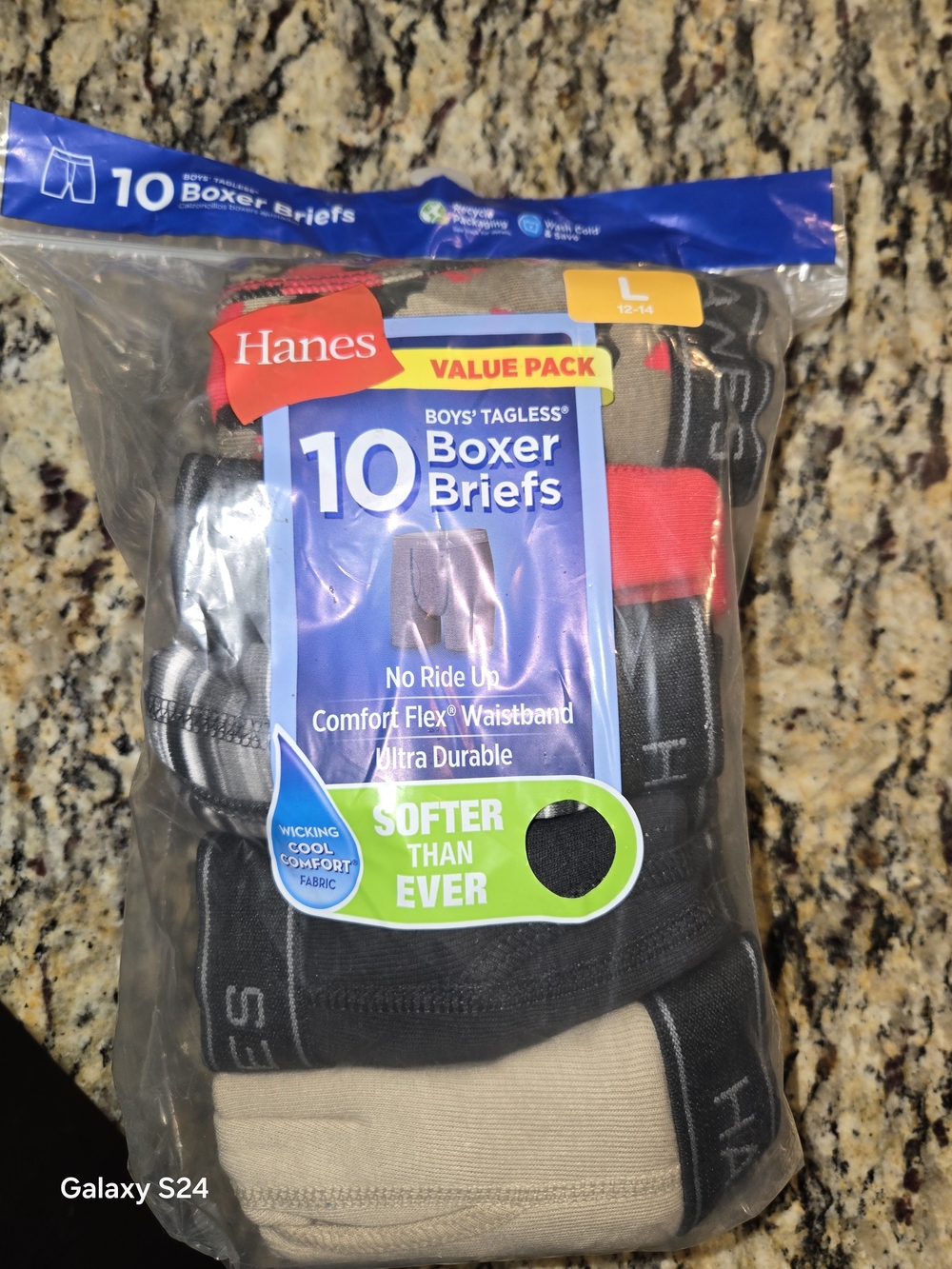 Hanes Boys' 10-Pack Tagless Boxer Briefs Sz L 12-14 New